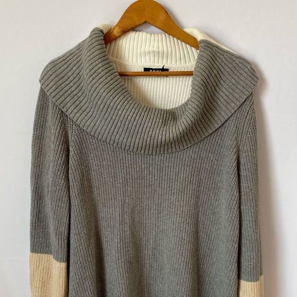 DKNY Cowl Neck Cozy Long Gray Ivory Color-block Sweater - Picture 4 of 8